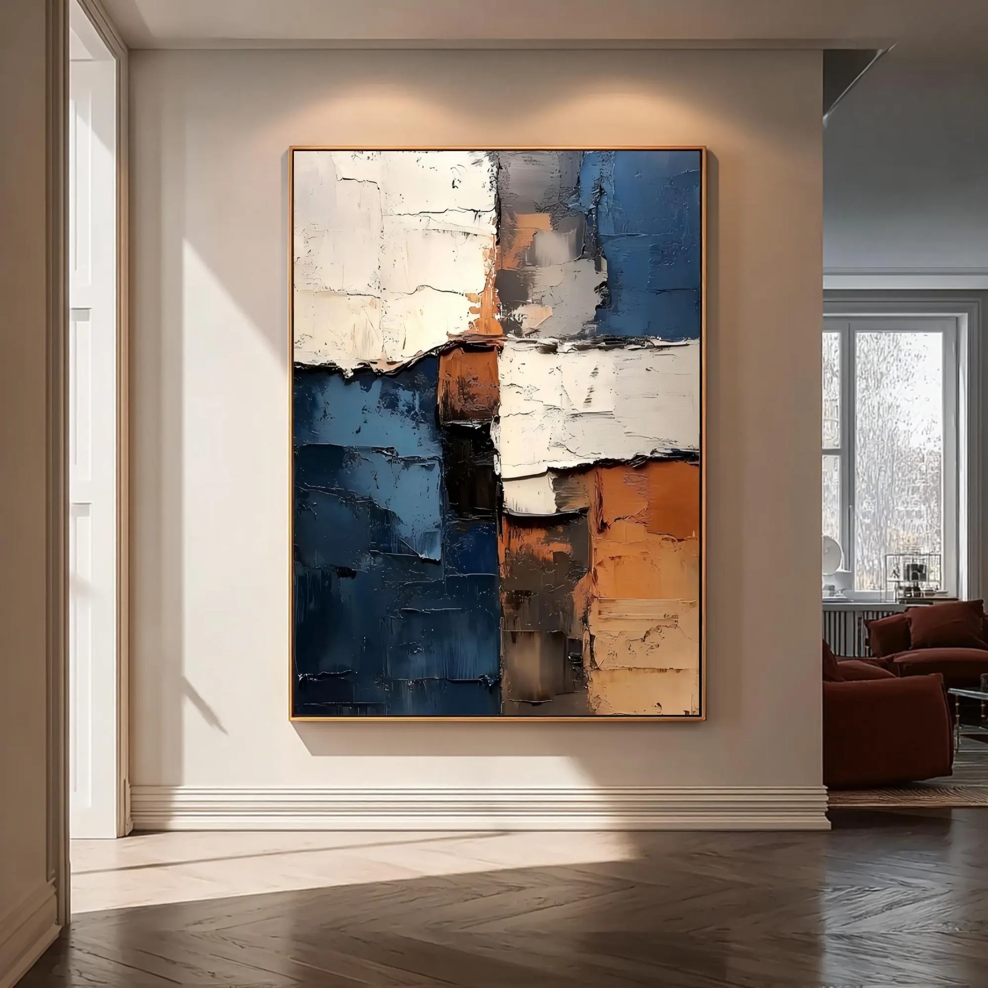 Urban Contrast - Deep Navy, Ochre & Cream Heavy Impasto Canvas Art