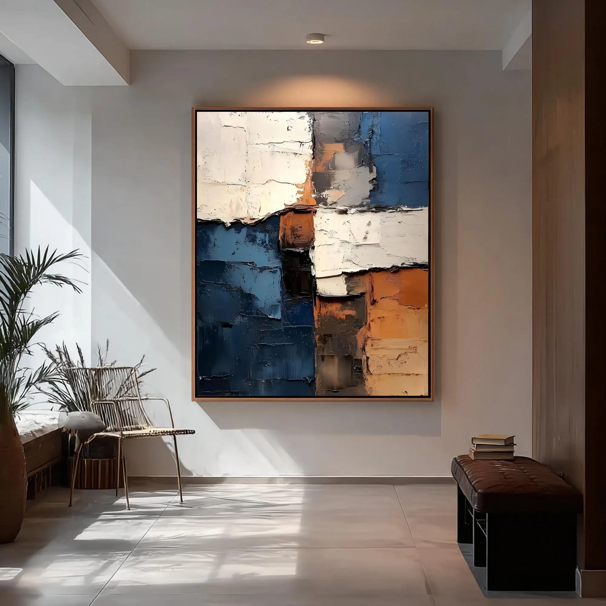 Urban Contrast - Deep Navy, Ochre & Cream Heavy Impasto Canvas Art