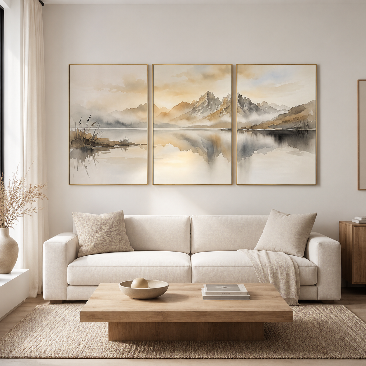 Stillness Between Peaks - Neutral Mountain Lake Triptych Oil Painting