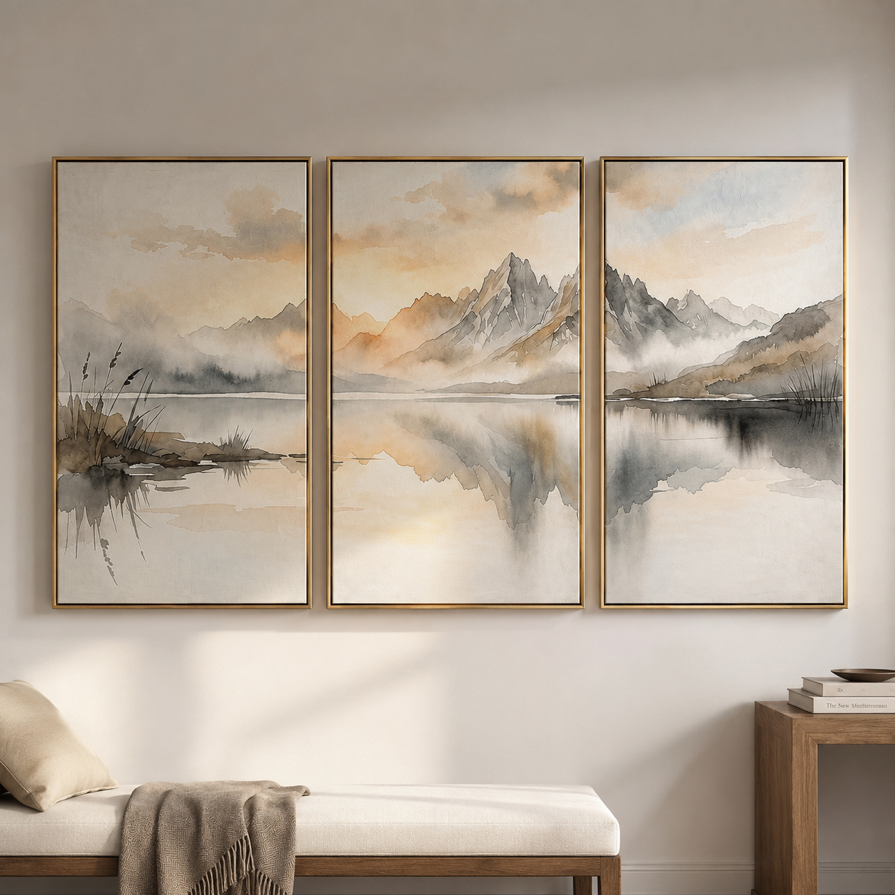 Stillness Between Peaks - Neutral Mountain Lake Triptych Oil Painting