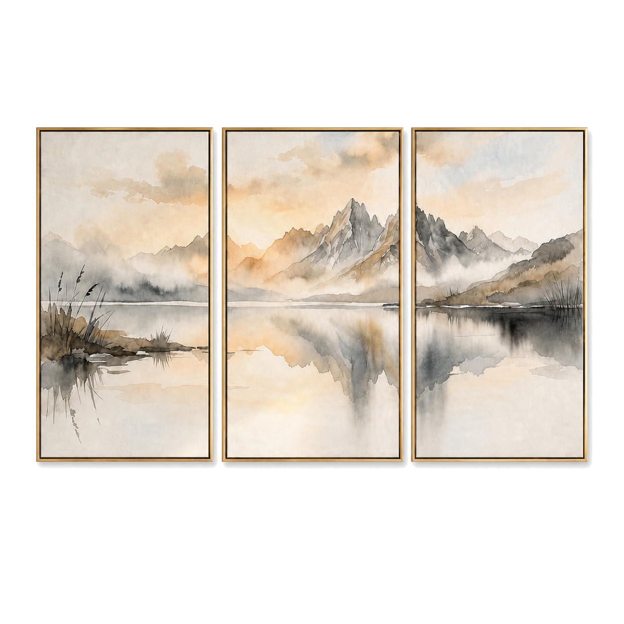 Stillness Between Peaks - Neutral Mountain Lake Triptych Oil Painting