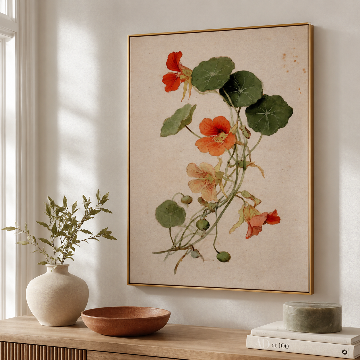 Nasturtium Cascade - Vintage Botanical Flower Oil Painting