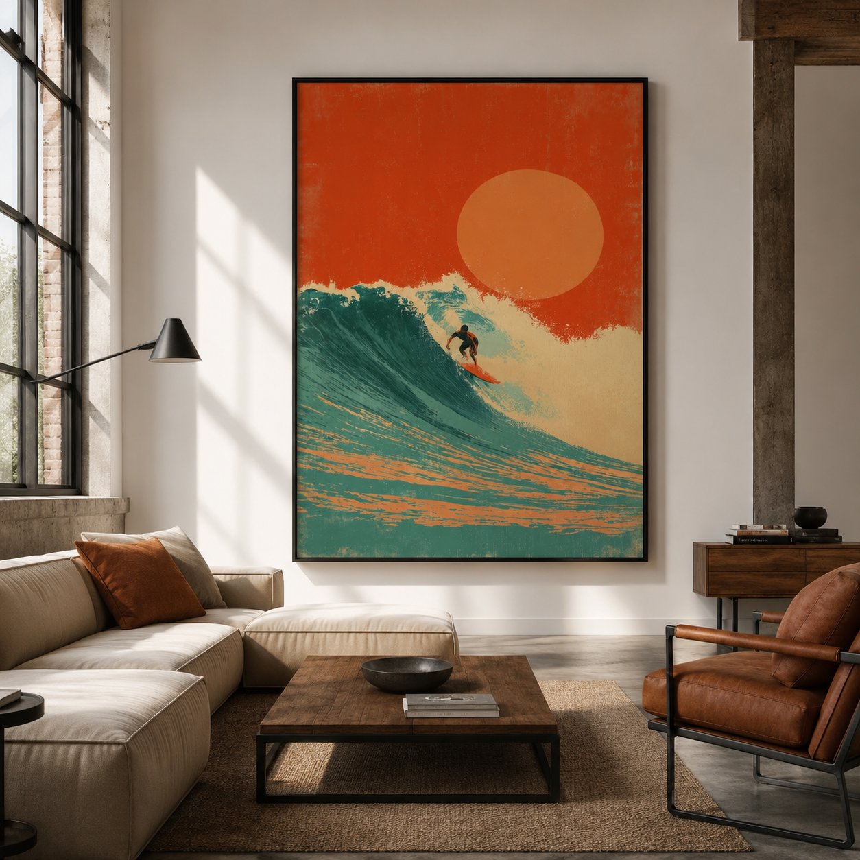 Solar Tide - Orange Sun and Turquoise Wave Oil Painting