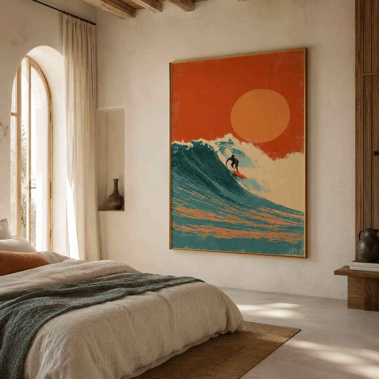 Solar Tide - Orange Sun and Turquoise Wave Oil Painting