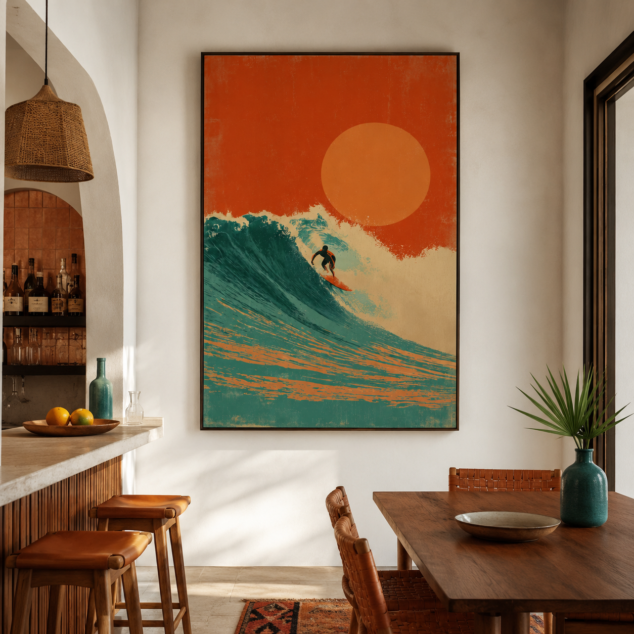 Solar Tide - Orange Sun and Turquoise Wave Oil Painting