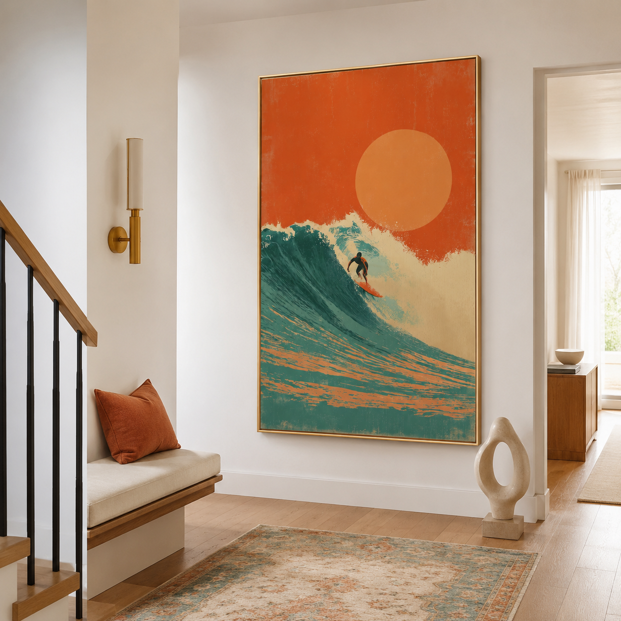 Solar Tide - Orange Sun and Turquoise Wave Oil Painting