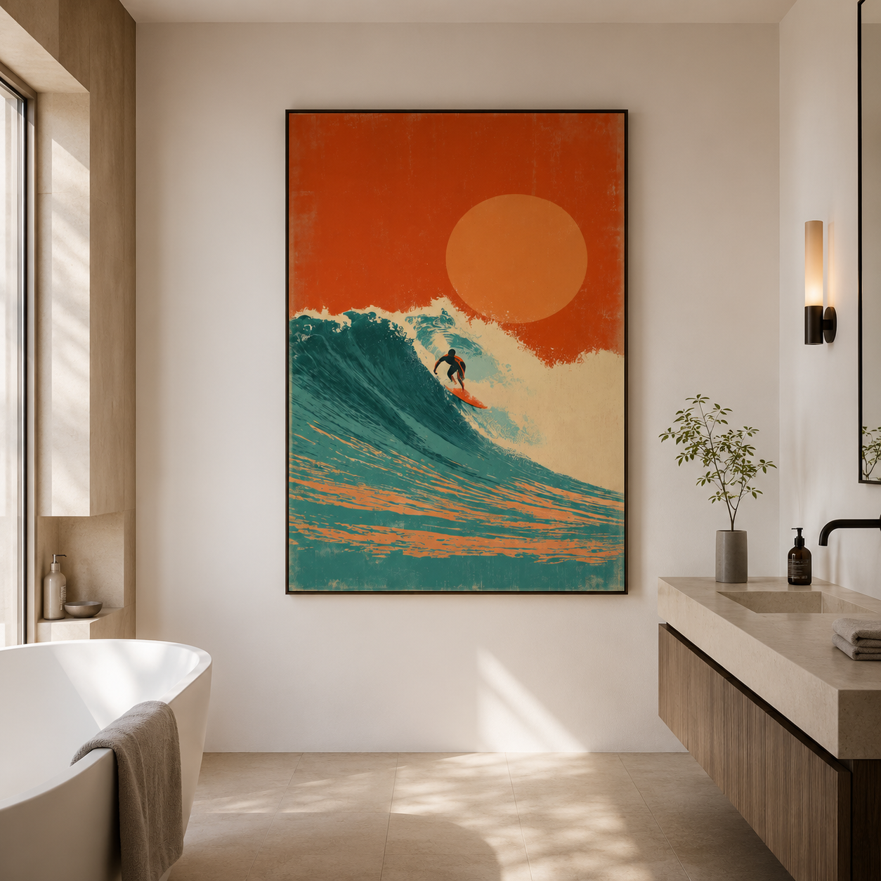 Solar Tide - Orange Sun and Turquoise Wave Oil Painting