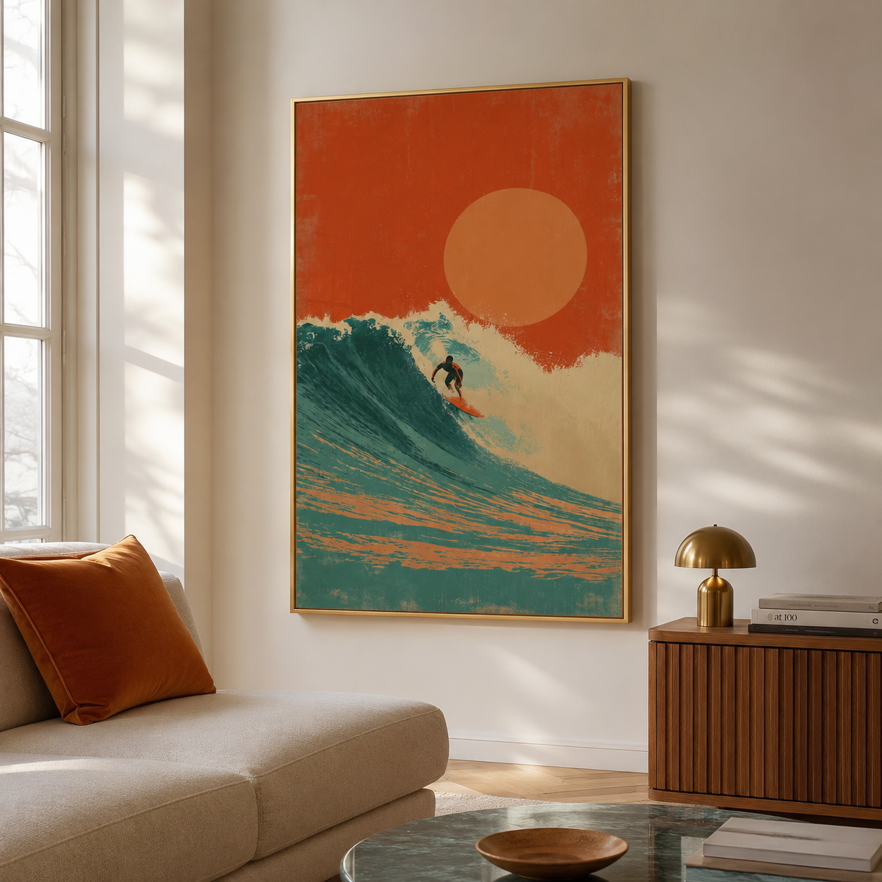 Solar Tide - Orange Sun and Turquoise Wave Oil Painting