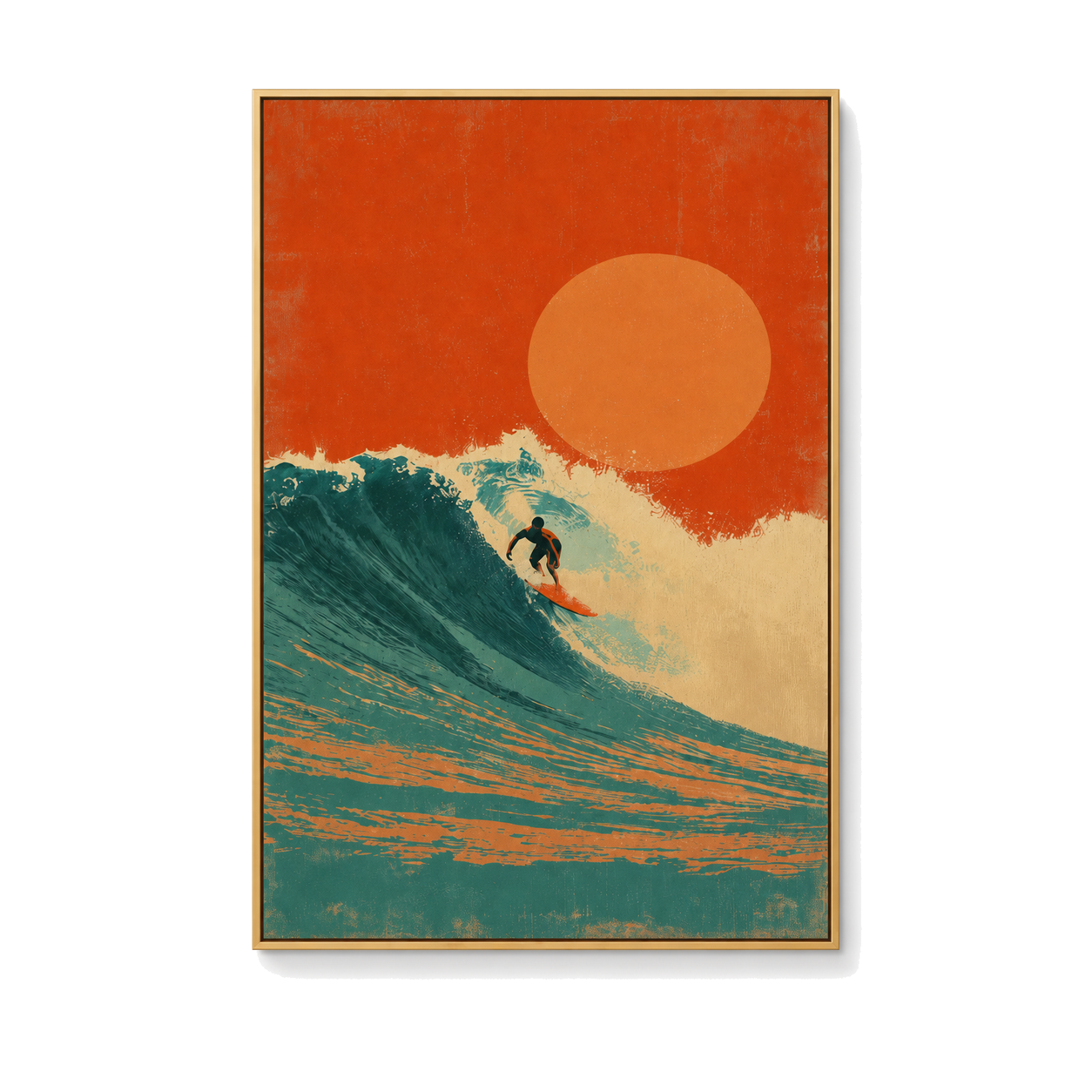 Solar Tide - Orange Sun and Turquoise Wave Oil Painting