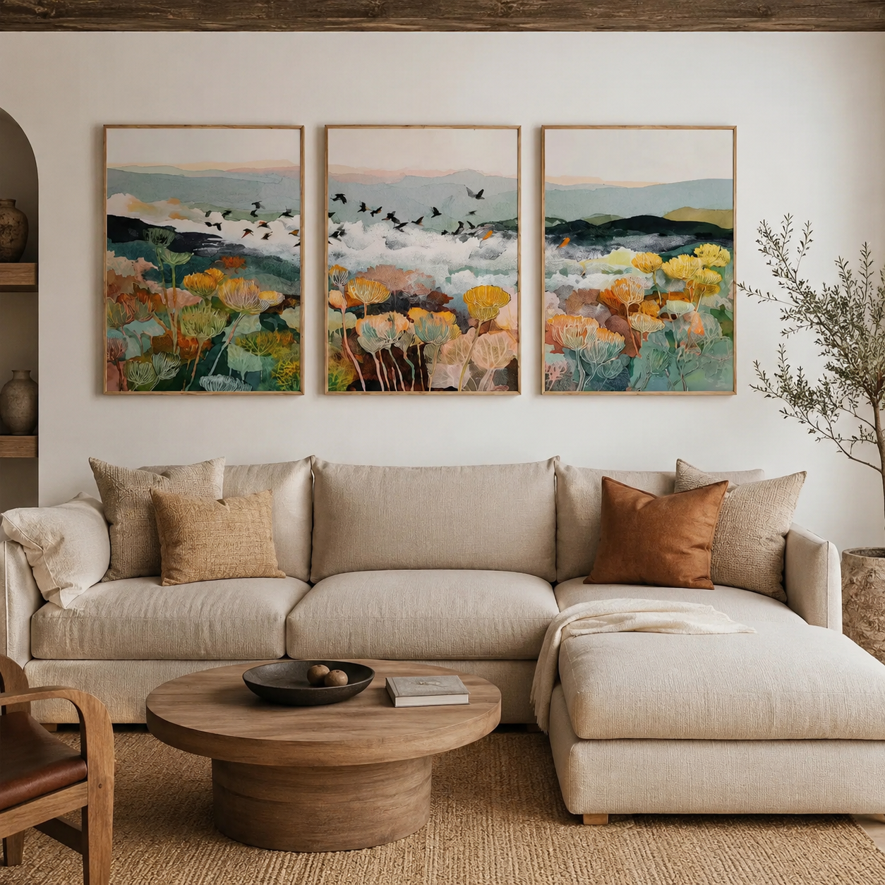 Meadow Beyond the Hills - Pastel Wildflower Triptych Oil Painting