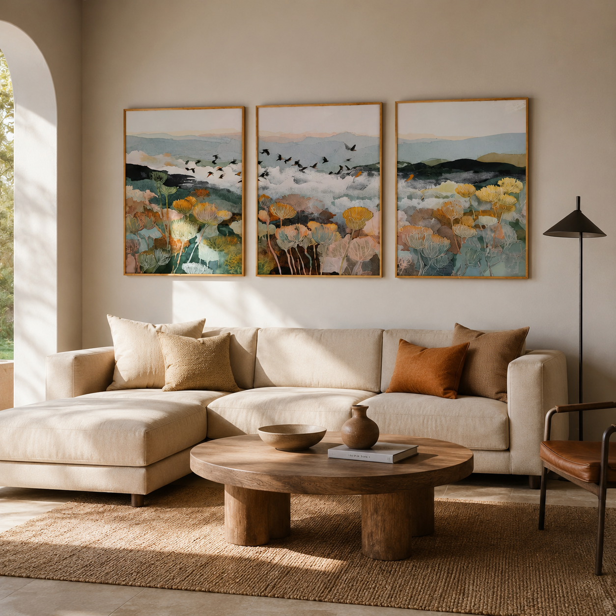 Meadow Beyond the Hills - Pastel Wildflower Triptych Oil Painting