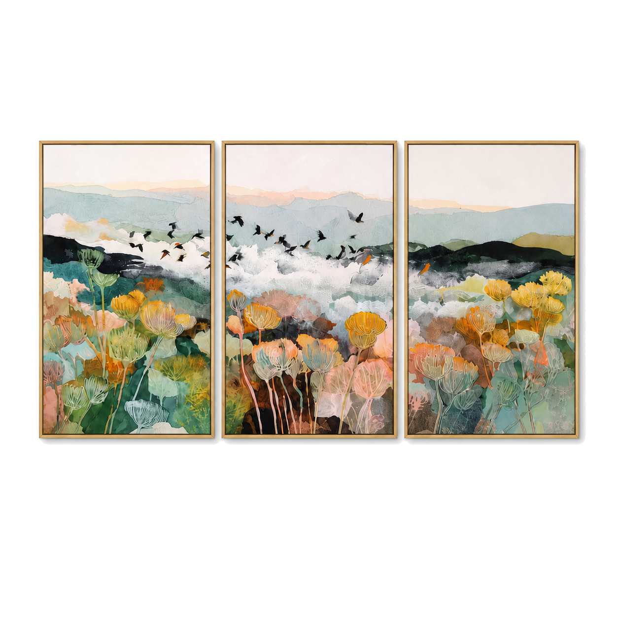 Meadow Beyond the Hills - Pastel Wildflower Triptych Oil Painting