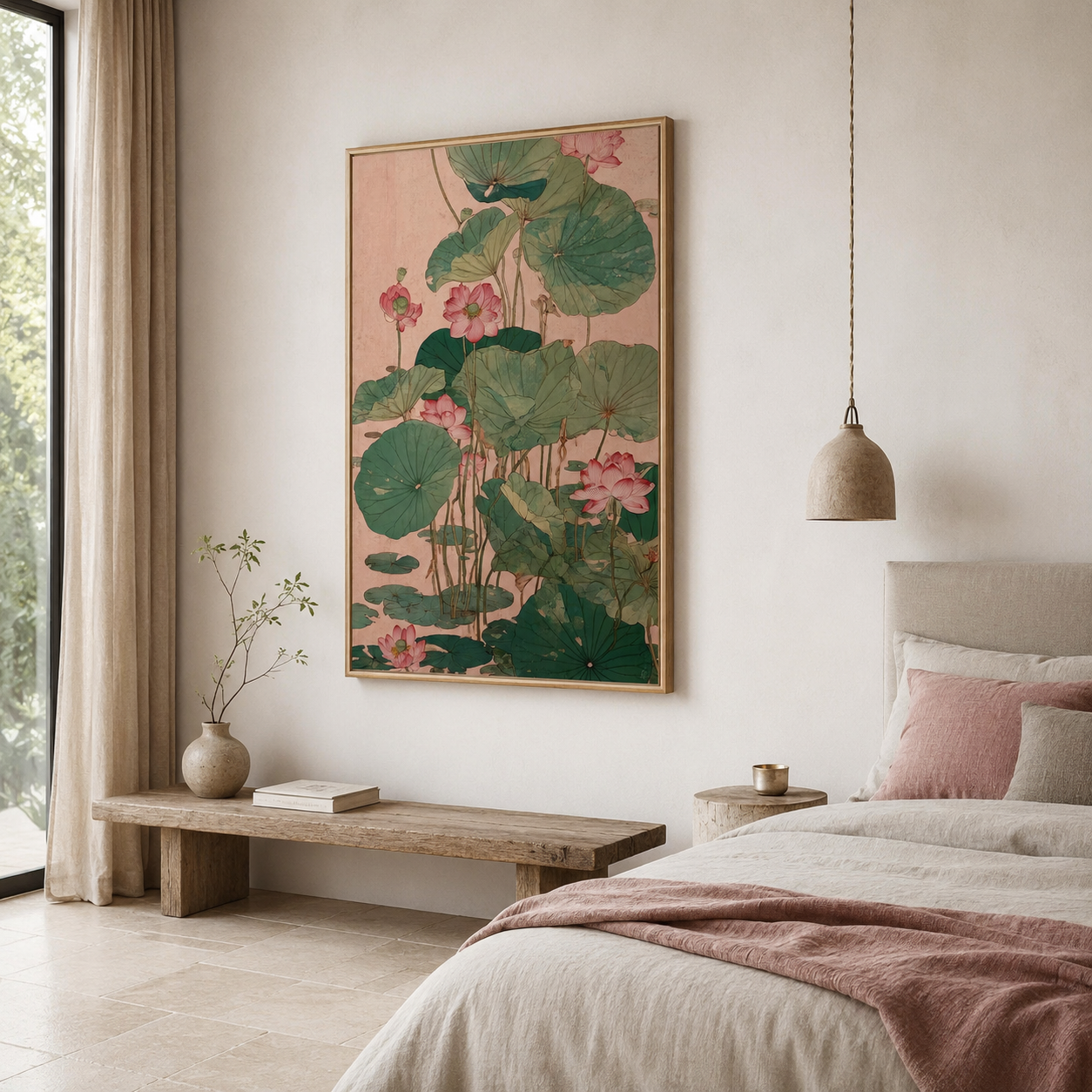 Pink Lotus Pond Asian Botanical Canvas Wall Art