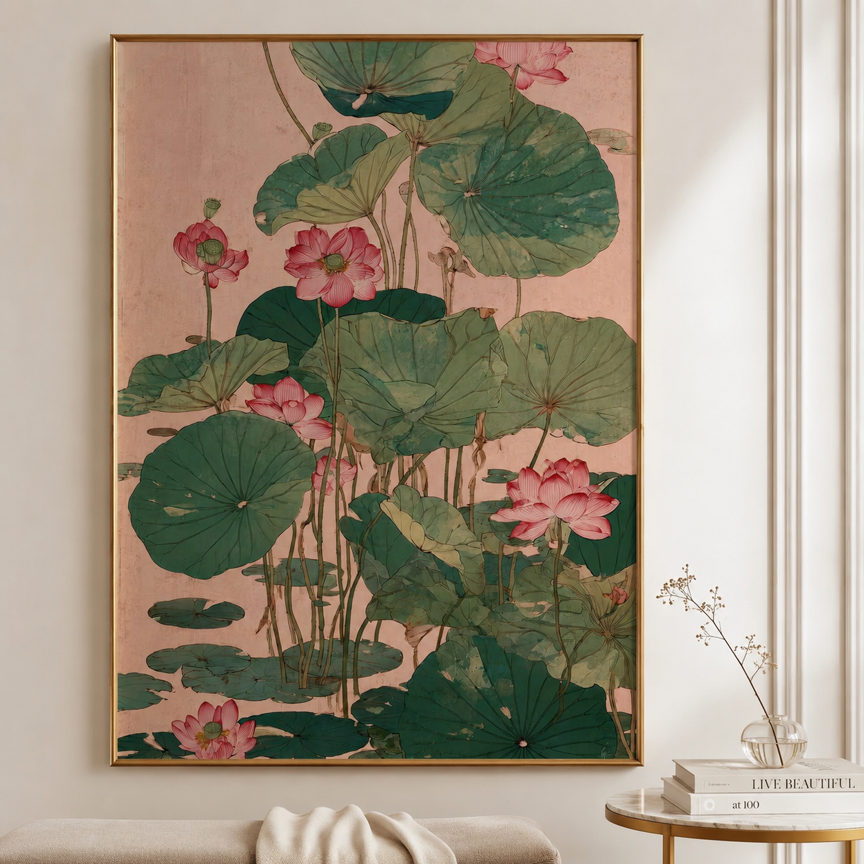 Pink Lotus Pond Asian Botanical Canvas Wall Art