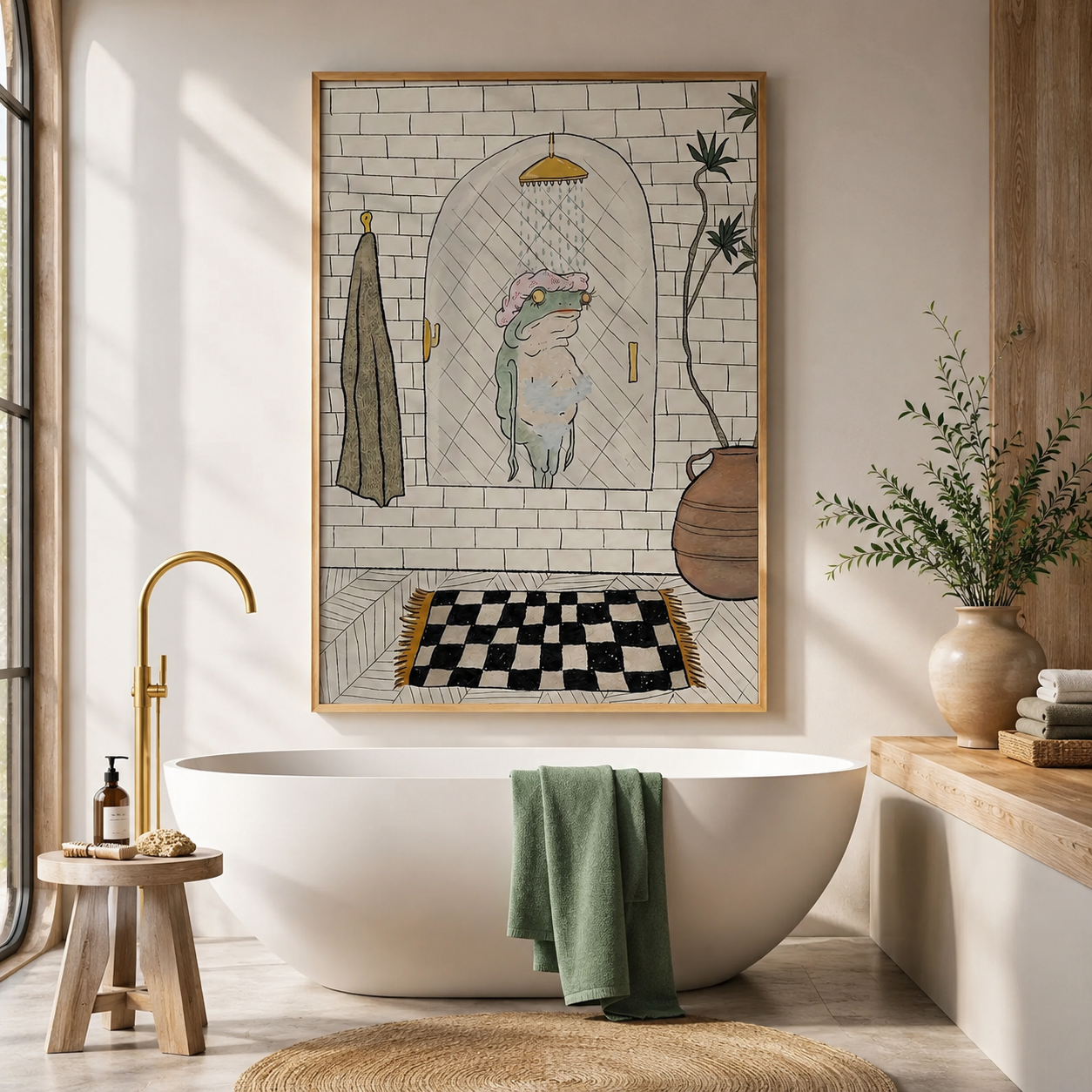 Whimsical Retro Shower Scene Line Art Canvas Wall Art