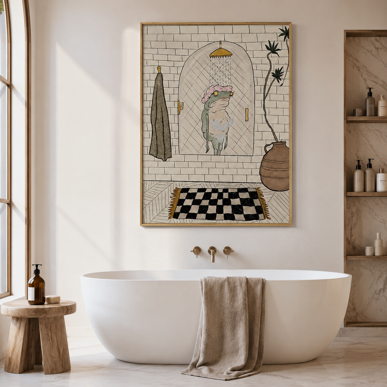 Whimsical Retro Shower Scene Line Art Canvas Wall Art