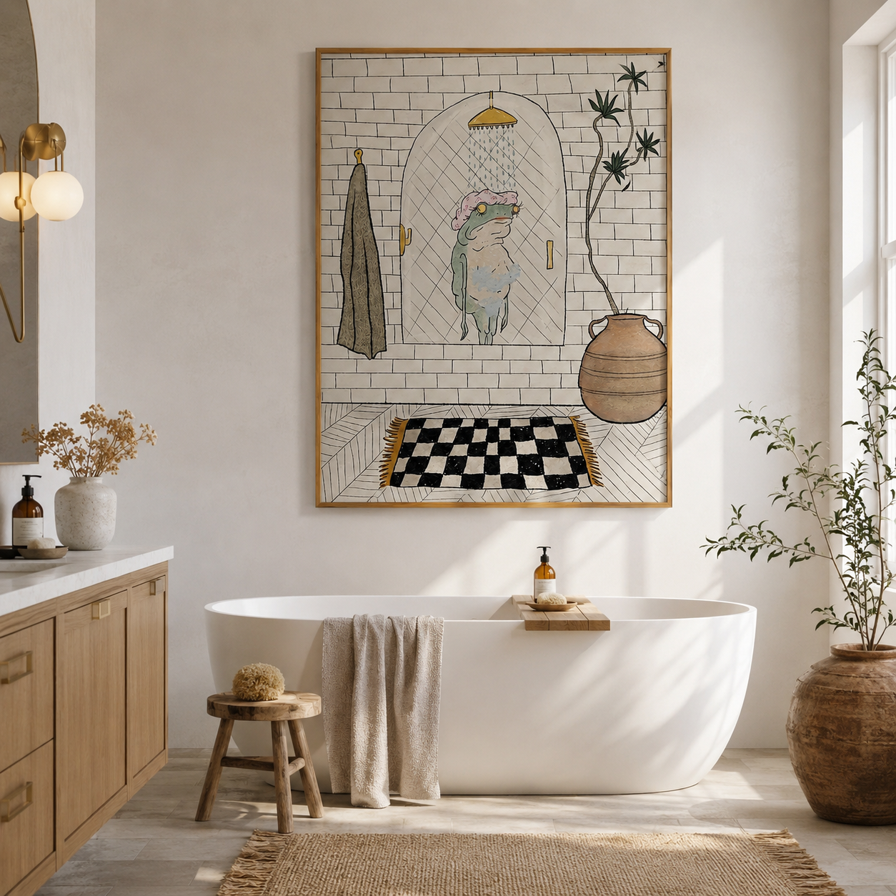 Whimsical Retro Shower Scene Line Art Canvas Wall Art
