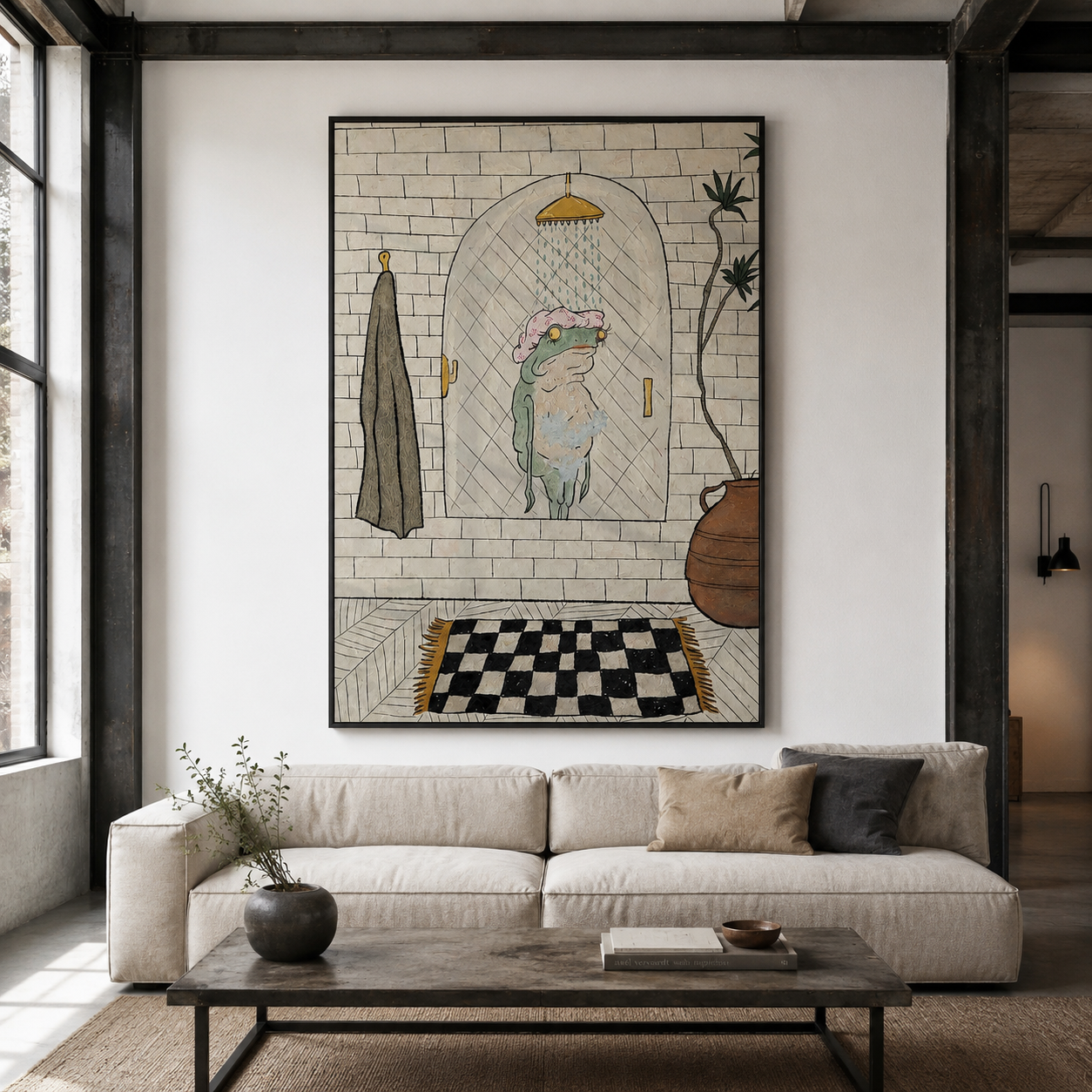 Whimsical Retro Shower Scene Line Art Canvas Wall Art