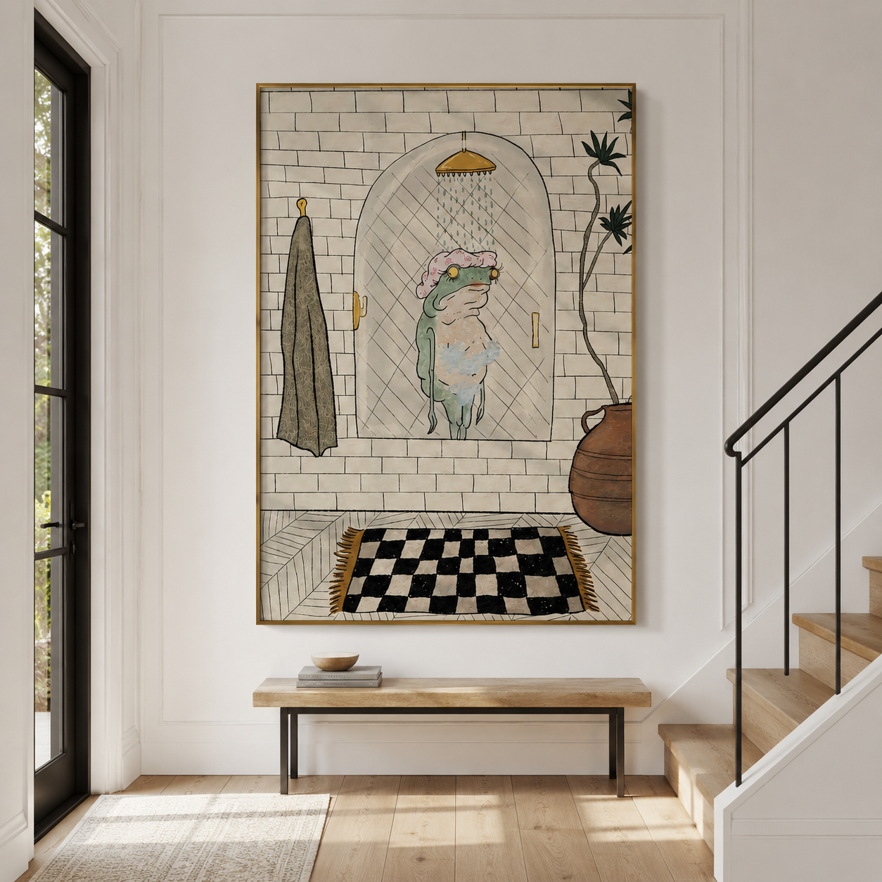 Whimsical Retro Shower Scene Line Art Canvas Wall Art