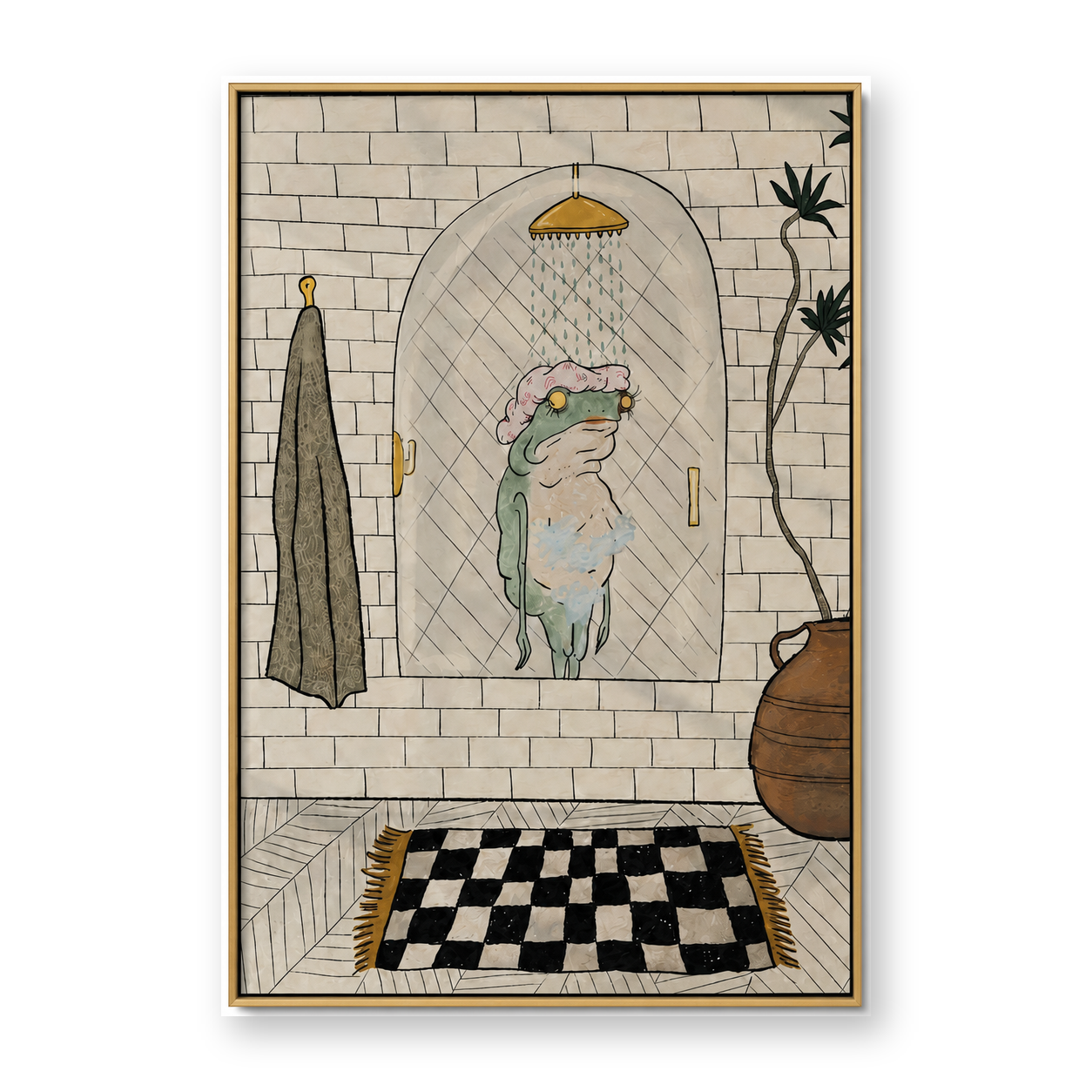Whimsical Retro Shower Scene Line Art Canvas Wall Art