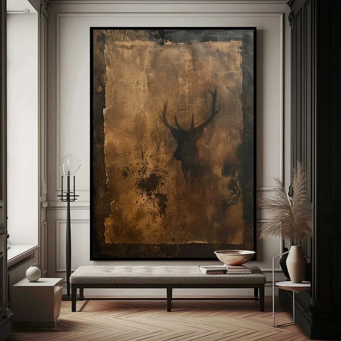 Majestic Silhouette - Vintage Gold & Dark Stag Wabi-Sabi Canvas Art