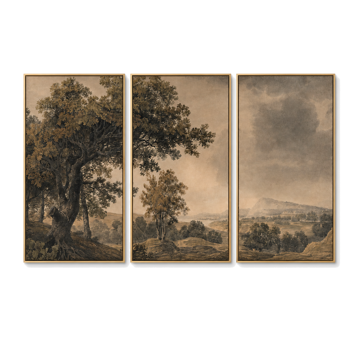 Old Valley Chronicle - Sepia Oak Landscape Triptych Oil Painting