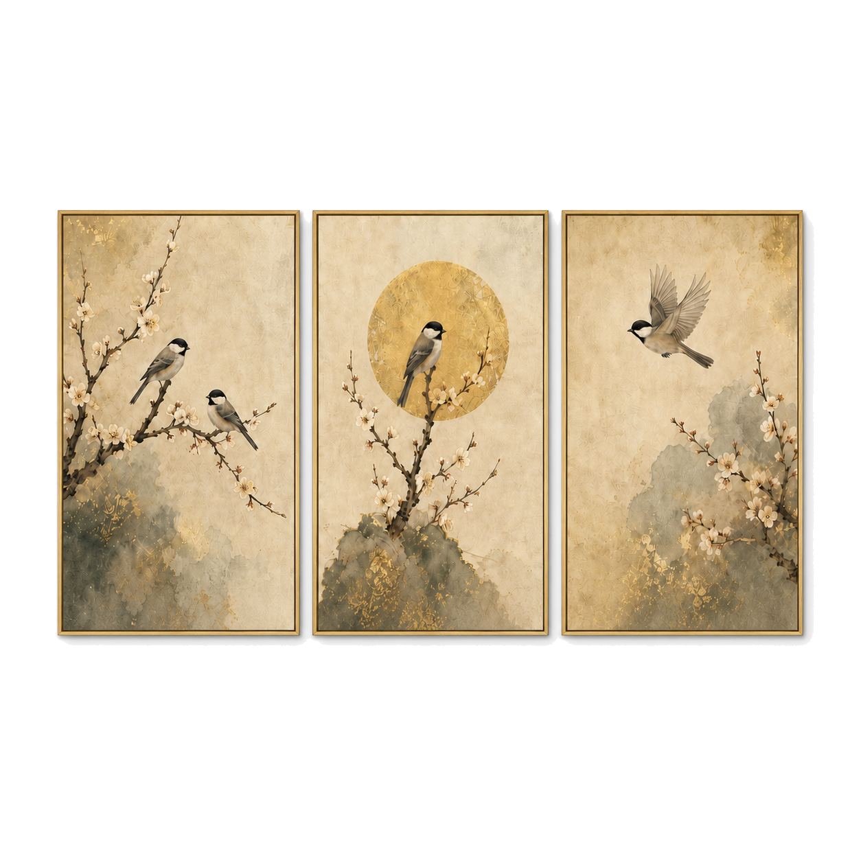Spring Beneath a Golden Moon - Songbird Blossom Triptych Oil Painting