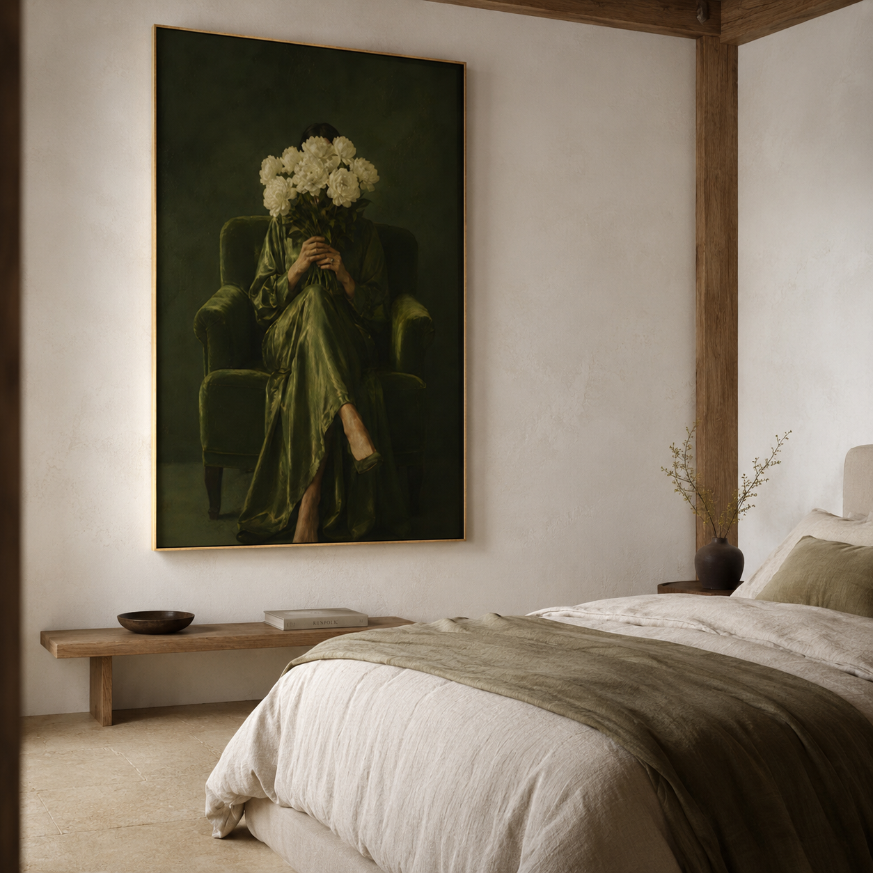 Surreal Hydrangea Woman in Green Figurative Canvas Wall Art