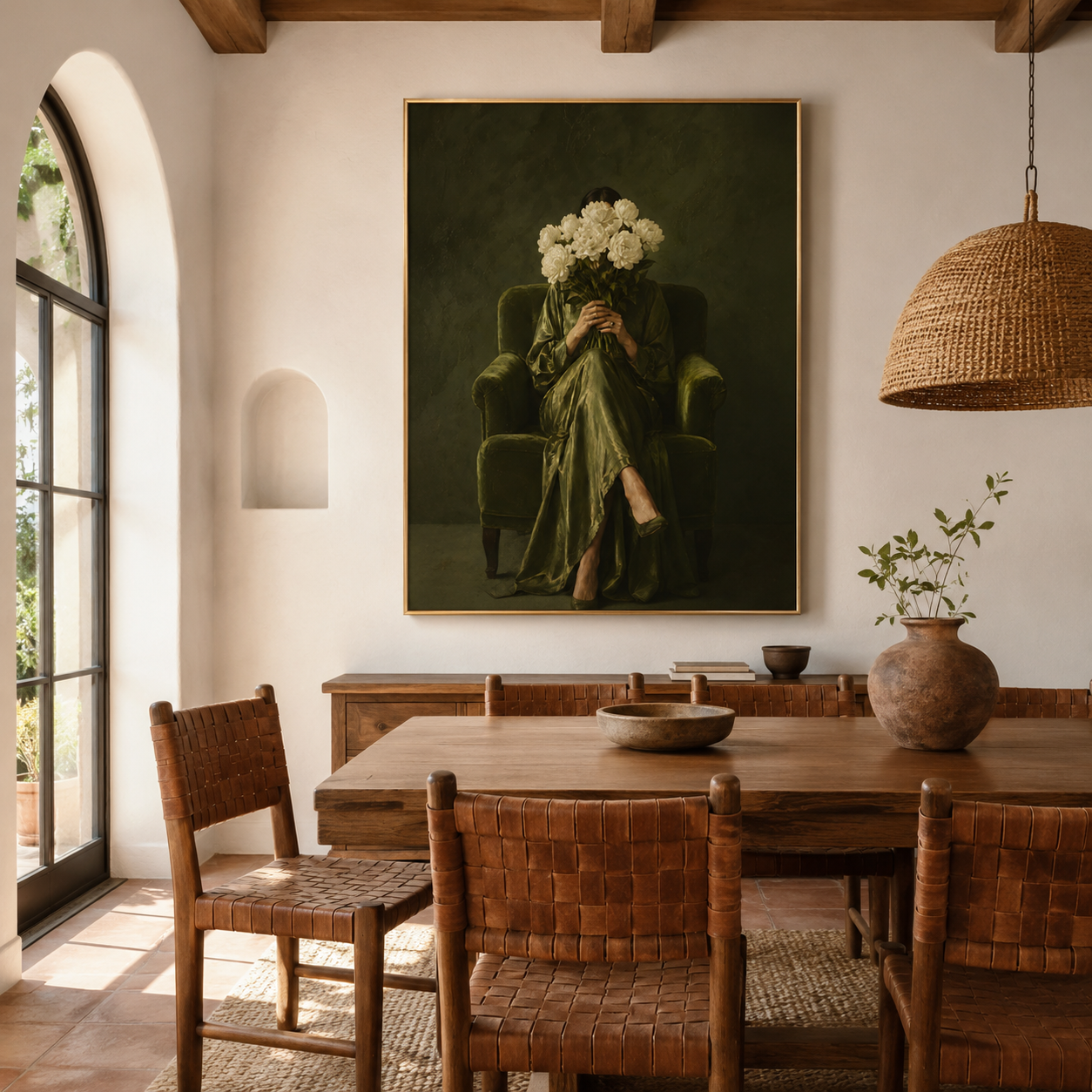 Surreal Hydrangea Woman in Green Figurative Canvas Wall Art