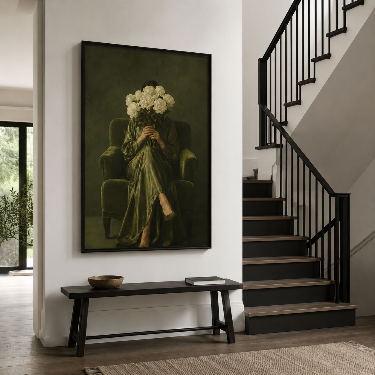 Surreal Hydrangea Woman in Green Figurative Canvas Wall Art