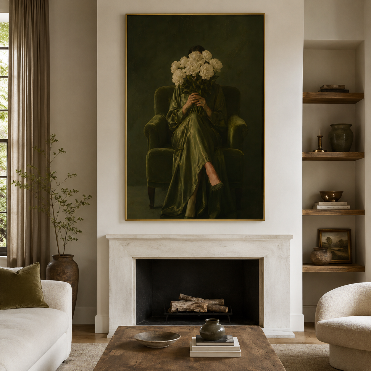 Surreal Hydrangea Woman in Green Figurative Canvas Wall Art