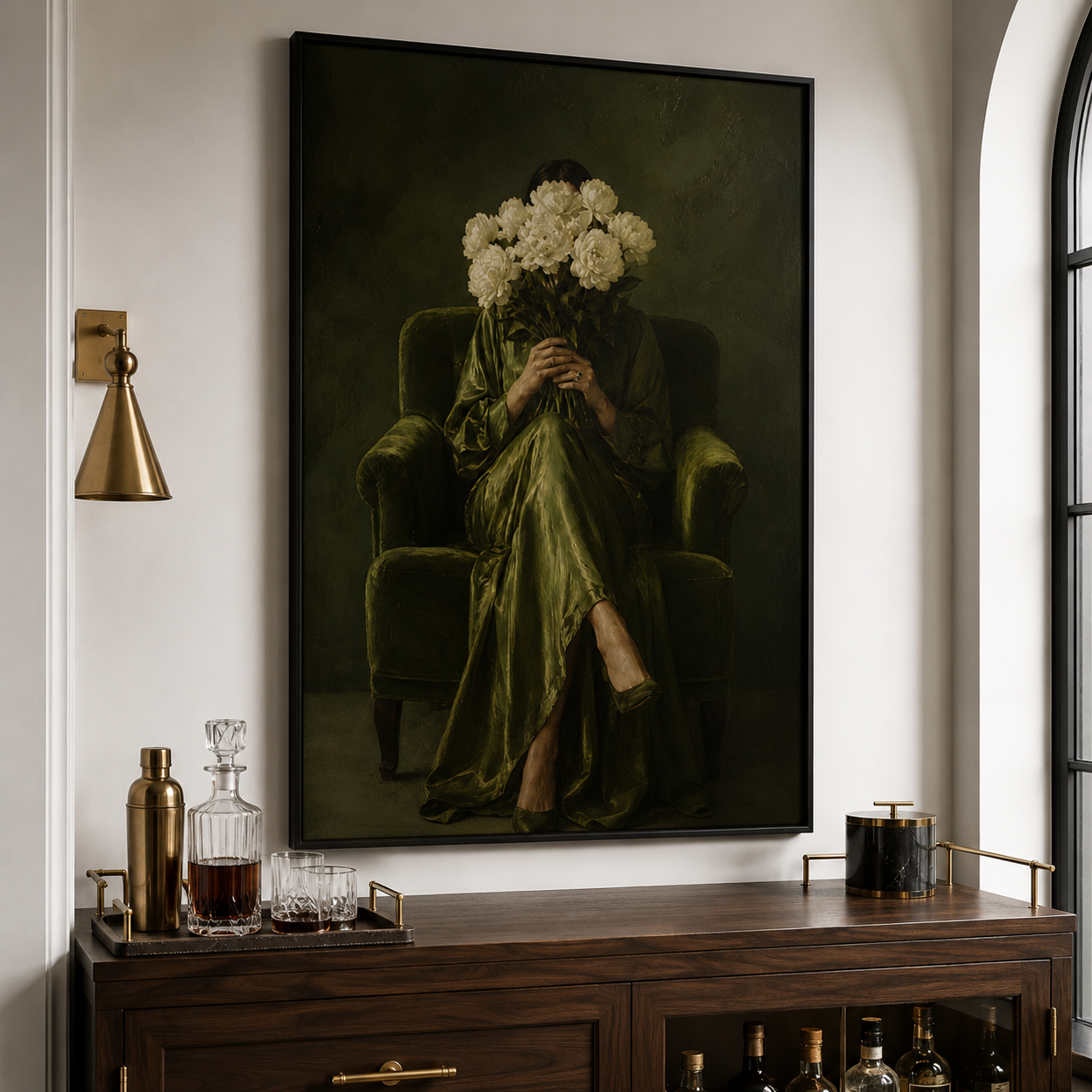 Surreal Hydrangea Woman in Green Figurative Canvas Wall Art