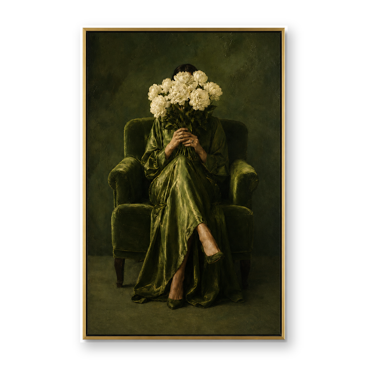 Surreal Hydrangea Woman in Green Figurative Canvas Wall Art