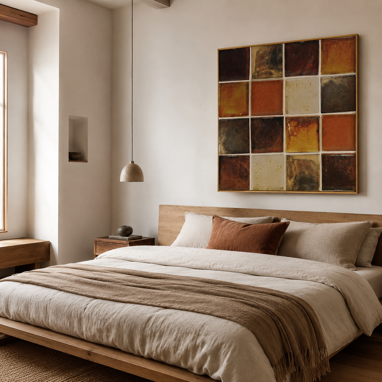 Rustic Terracotta Geometric Grid Abstract Canvas Wall Art