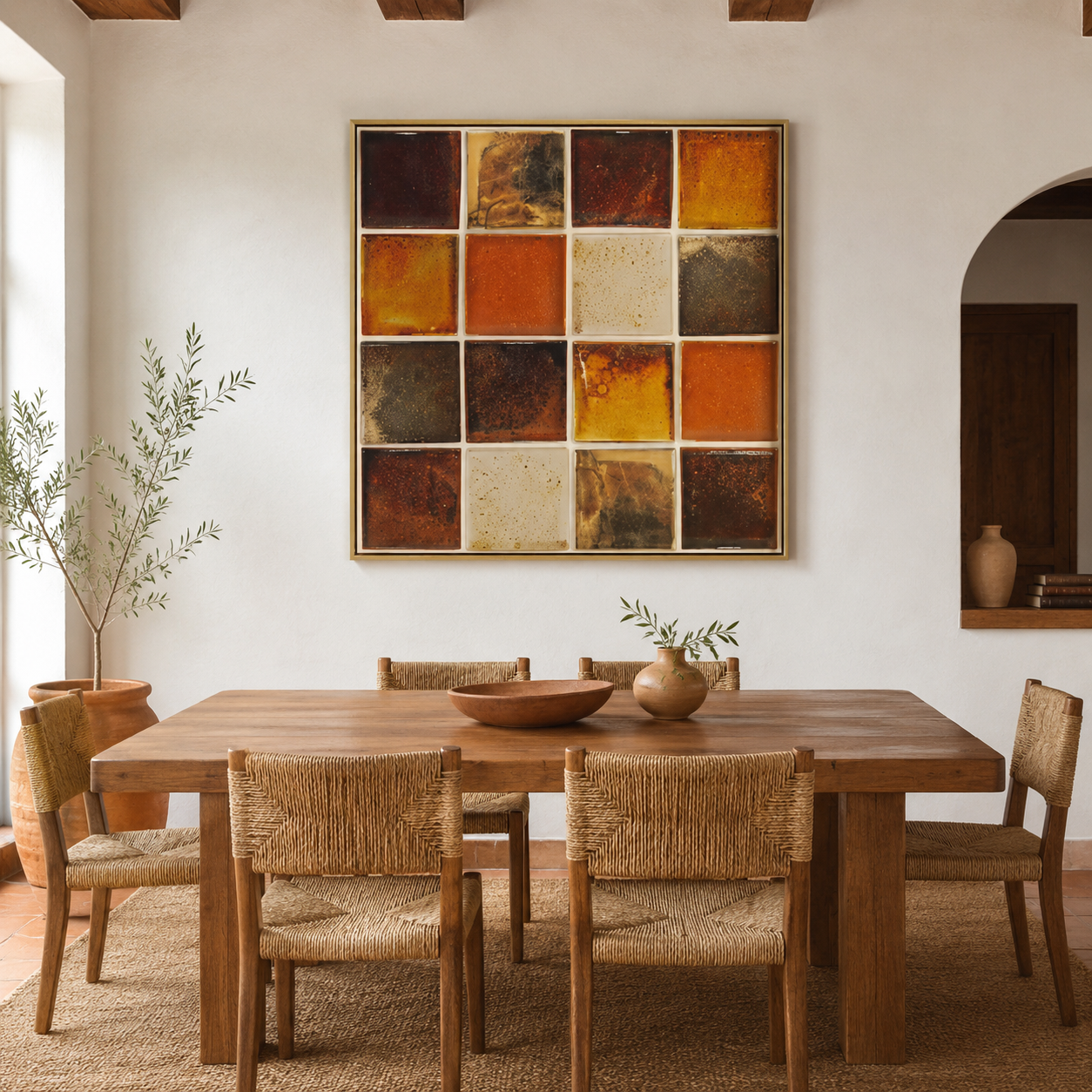 Rustic Terracotta Geometric Grid Abstract Canvas Wall Art