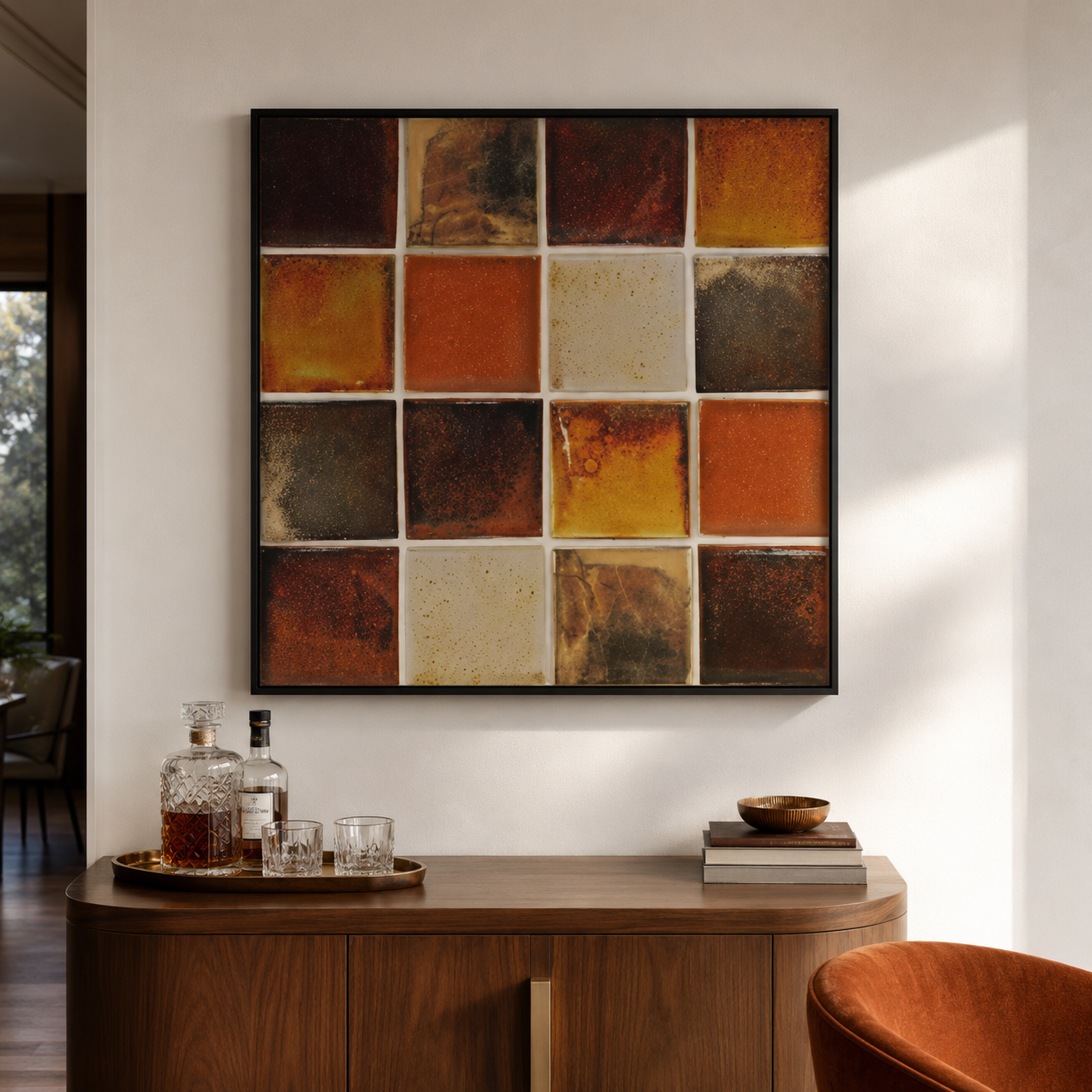 Rustic Terracotta Geometric Grid Abstract Canvas Wall Art
