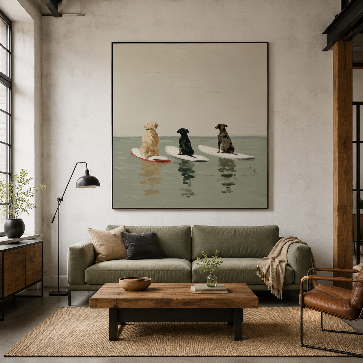 Waiting for the Break - Three Surfing Dogs Oil Painting
