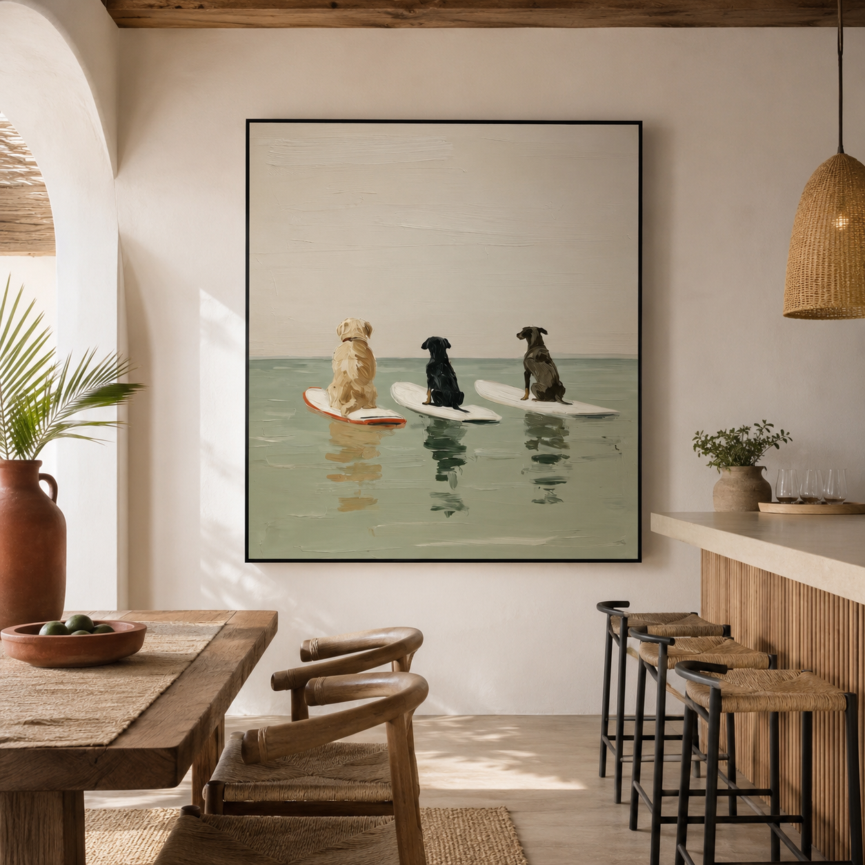 Waiting for the Break - Three Surfing Dogs Oil Painting