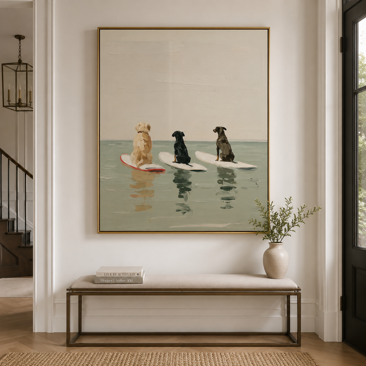 Waiting for the Break - Three Surfing Dogs Oil Painting