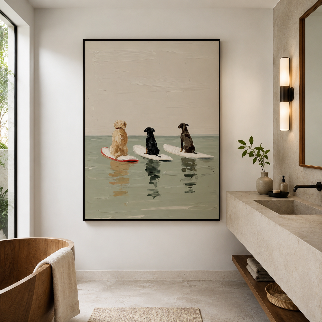 Waiting for the Break - Three Surfing Dogs Oil Painting