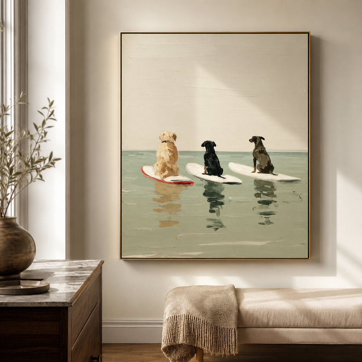 Waiting for the Break - Three Surfing Dogs Oil Painting
