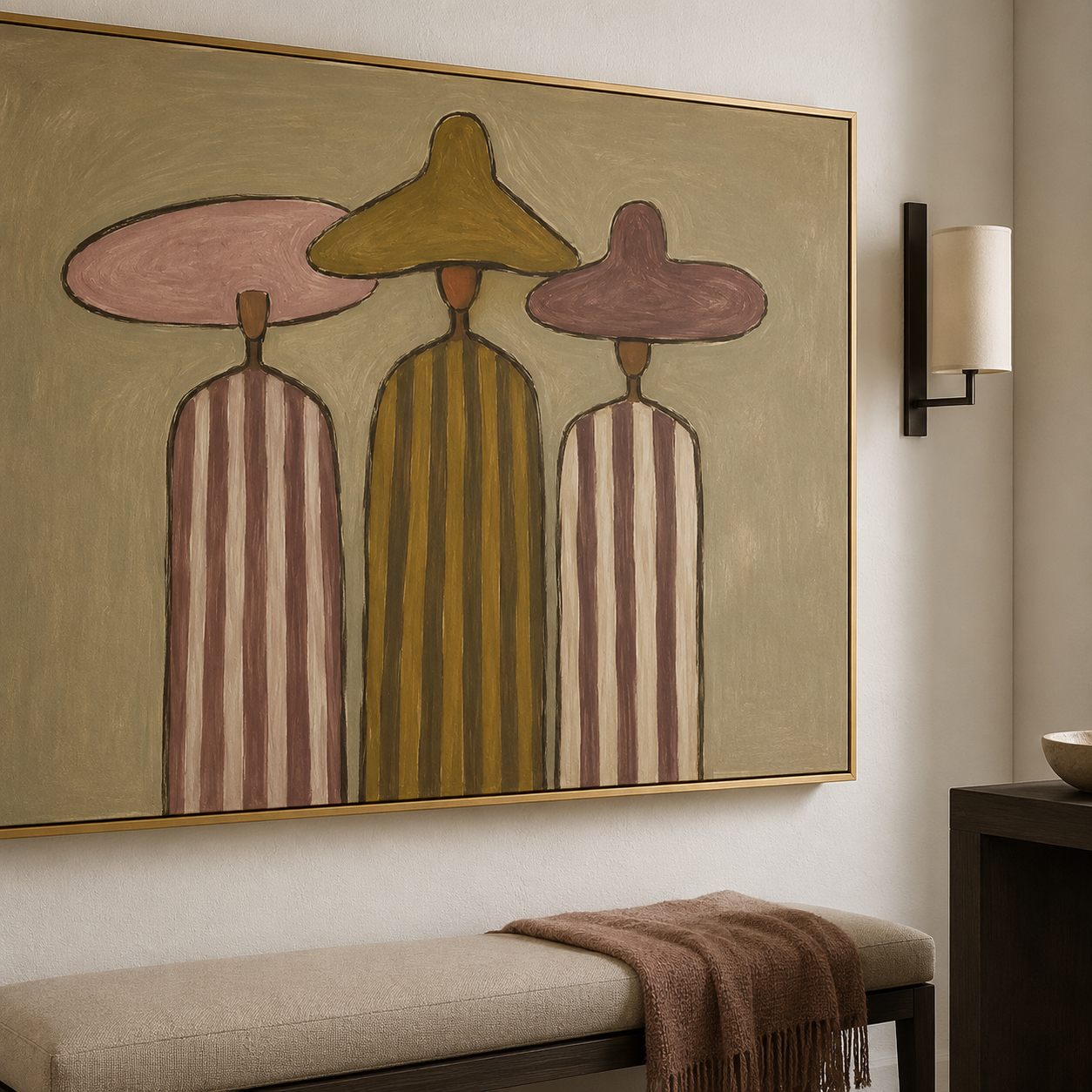 Quiet Assembly - Three Women in Wide Brim Hats Oil Painting