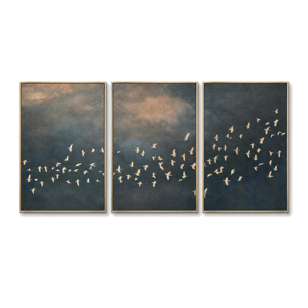 Wings Through Blue - White Bird Flock Triptych Oil Painting