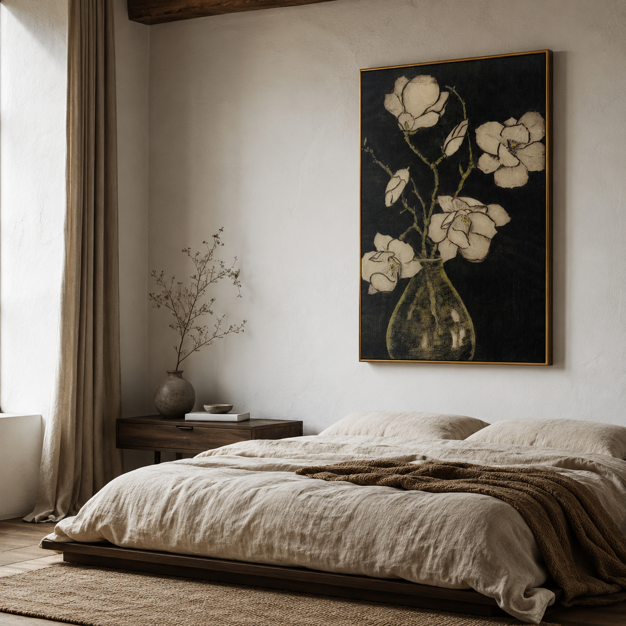 White Magnolia Bouquet on Black Botanical Canvas Wall Art