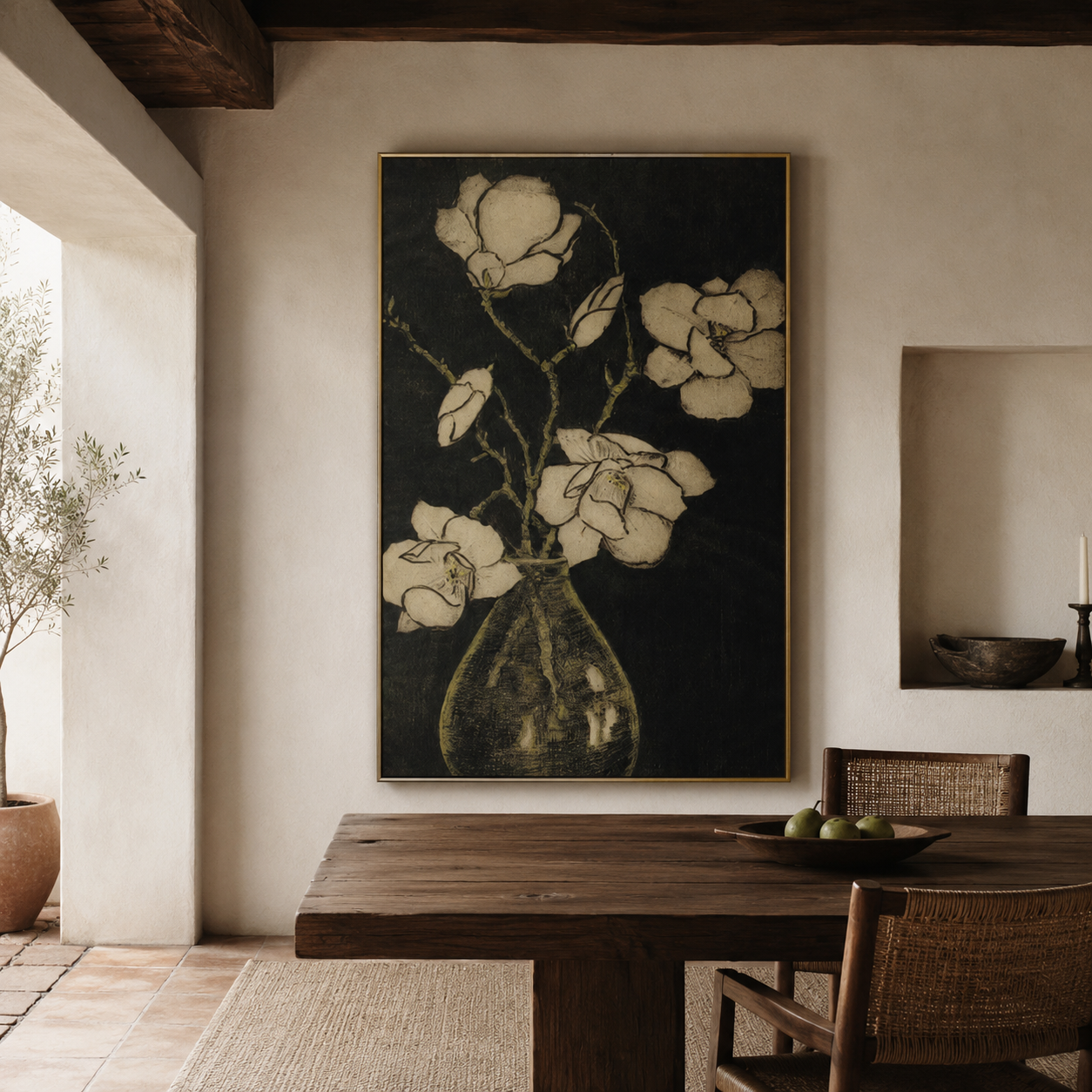 White Magnolia Bouquet on Black Botanical Canvas Wall Art