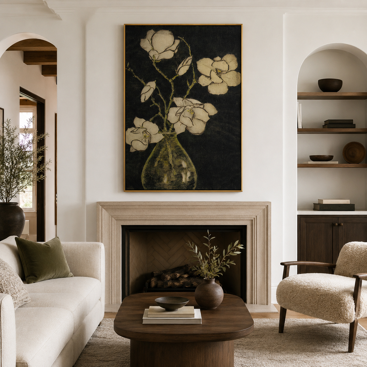 White Magnolia Bouquet on Black Botanical Canvas Wall Art