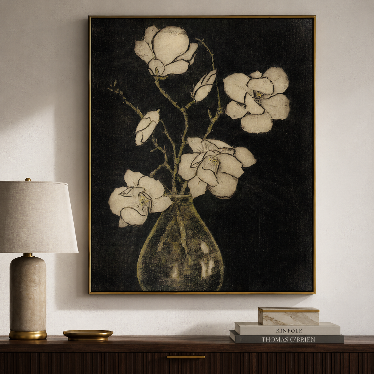 White Magnolia Bouquet on Black Botanical Canvas Wall Art