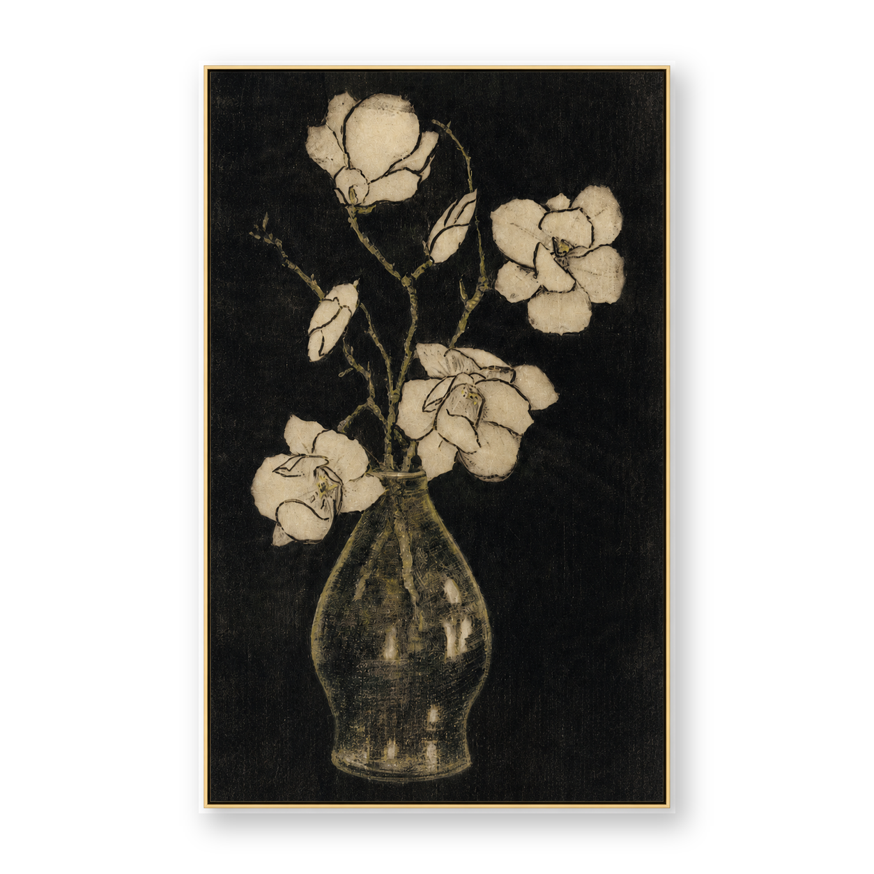 White Magnolia Bouquet on Black Botanical Canvas Wall Art
