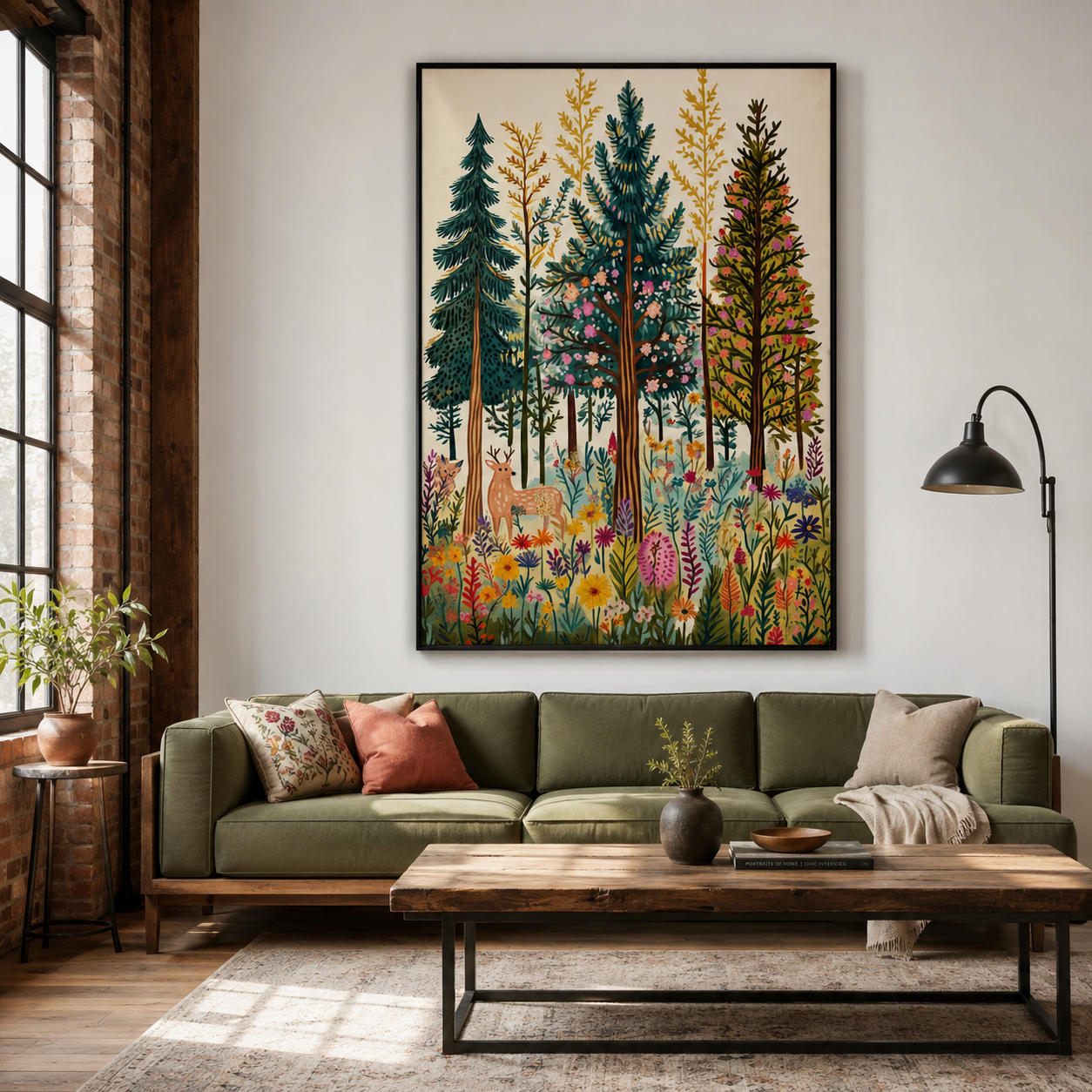 Wildflower Pine Forest Folk Art Canvas Wall Art