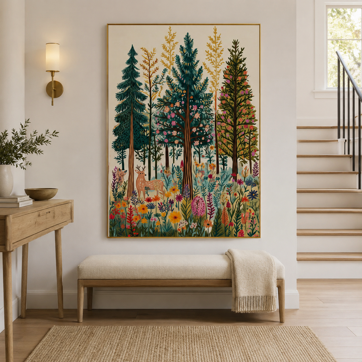 Wildflower Pine Forest Folk Art Canvas Wall Art